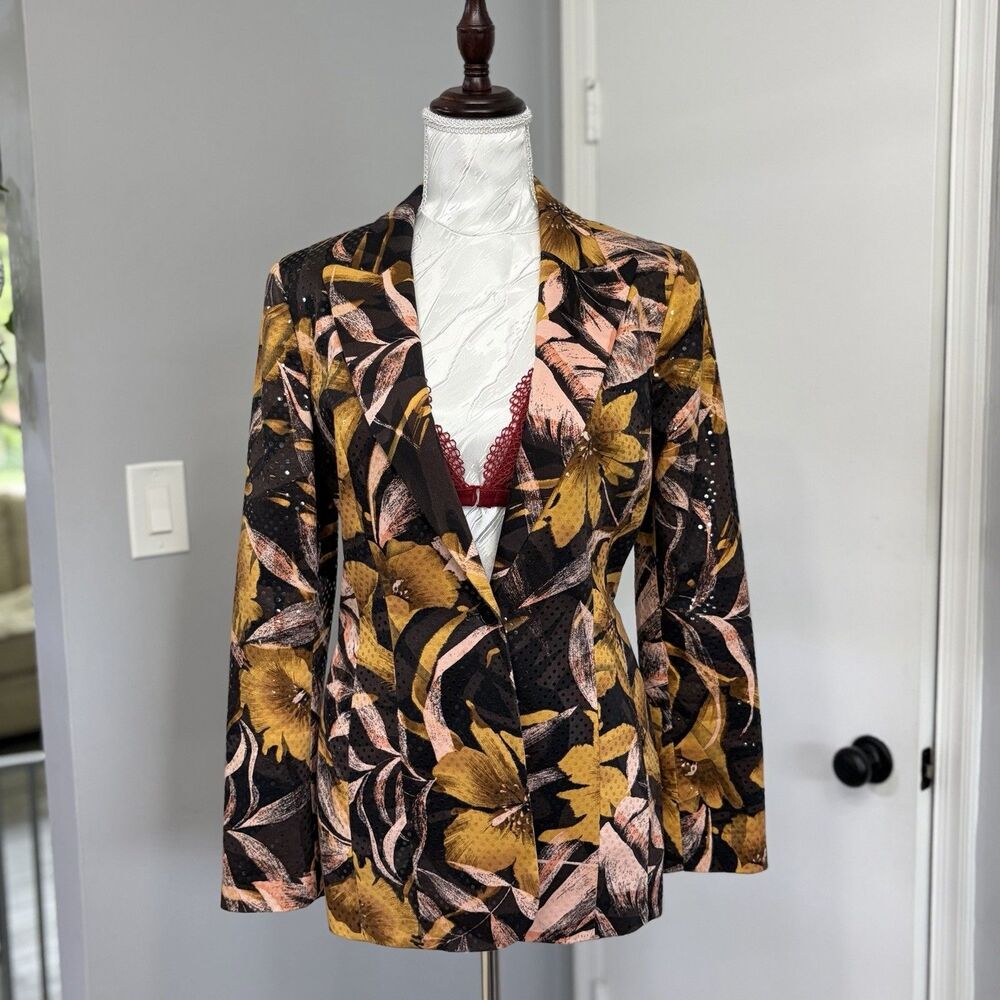 Cache Vintage Sequin Floral Blazer Jacket Mustard Yellow Black Tropical Sz 4